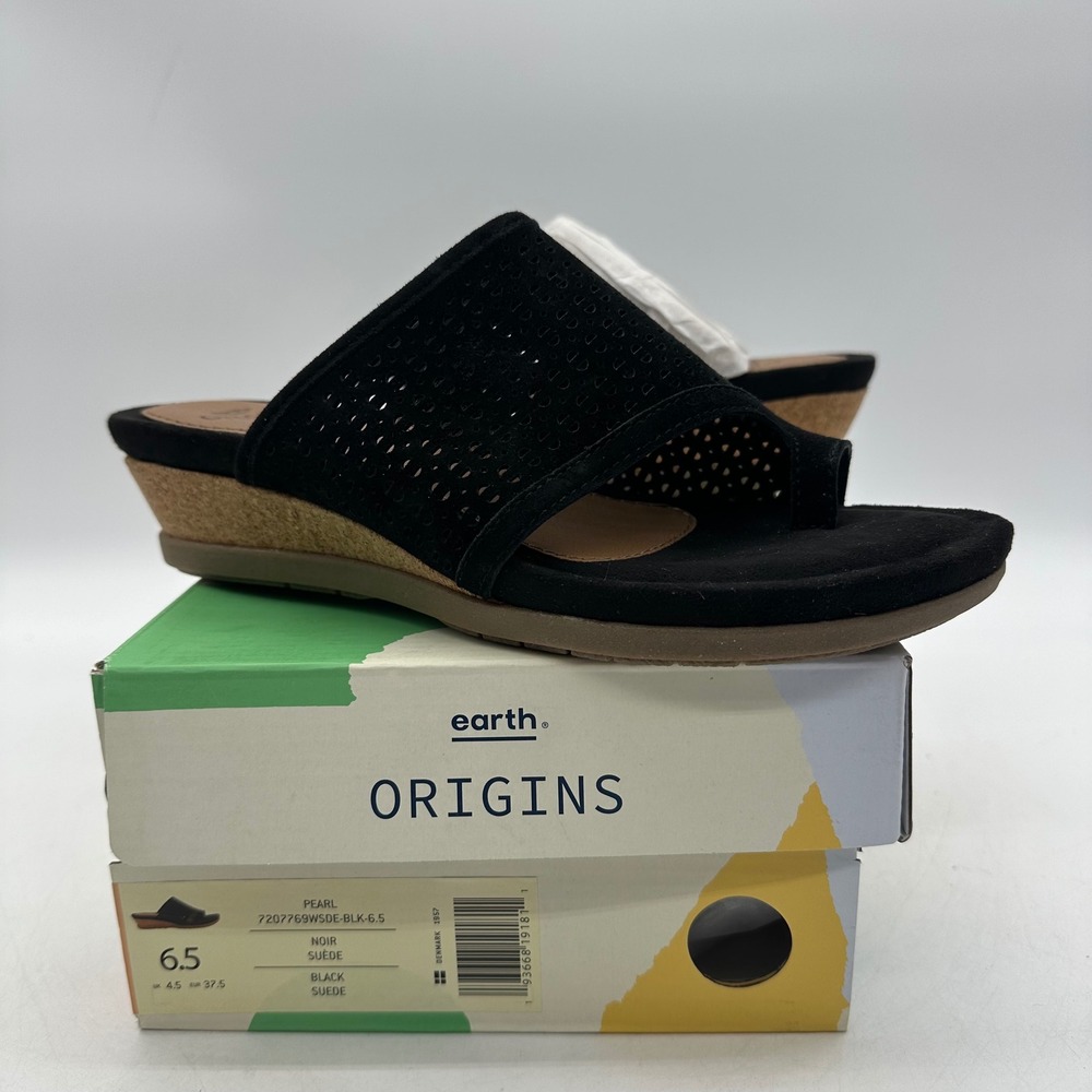 Earth Origins 7207769WSDE Womens Size 6.5 Pico Pearl Black Suede Wedge Sandals